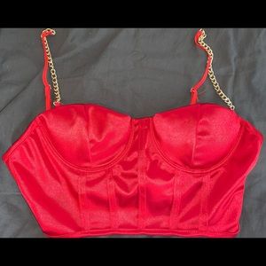Red Crop with gold chains as straps